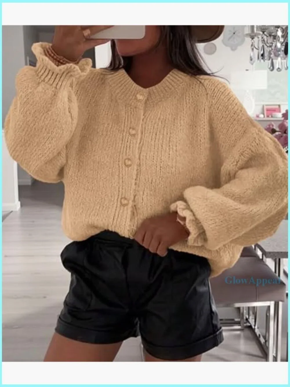 Cropped Cardigan Chunky Knit Ruffle Sleeves Button Down Oversized Fall - Picture 2 of 7